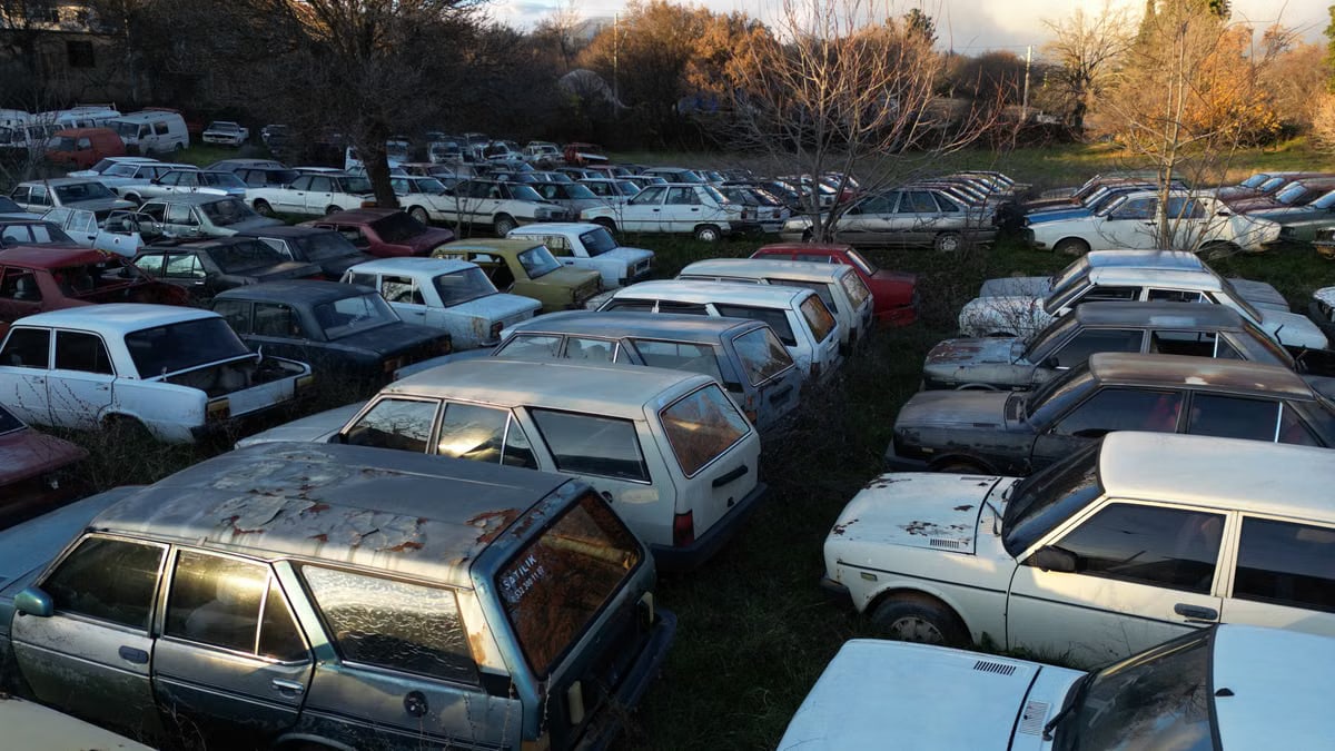 A collection of vintage cars in a junkyard amidst bare trees in Denizli, Türkiye.